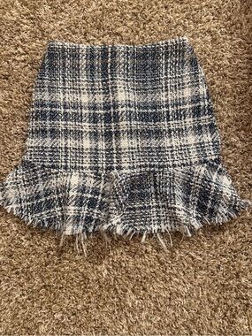 Express Navy and White Tweed Ruffle Mini Skirt